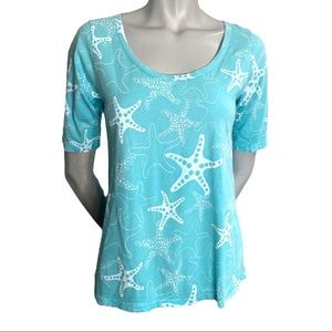 Fresh Produce Blue White Starfish Print Scoop Neck Short Sleeve Tshirt Size XS